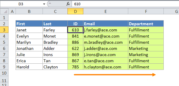 Exemplo de uso do VLOOKUP no Excel destacando a limitação da função, que só permite buscar valores à direita da coluna de referência (ID), como e-mail e departamento.