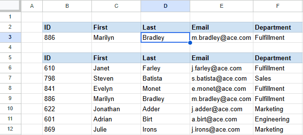 Exemplo de VLOOKUP no Excel utilizando intervalos nomeados para buscar informações como sobrenome, e-mail e departamento a partir do ID.