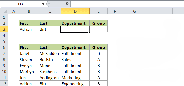 Ilustração da limitação do VLOOKUP padrão: ele não pode buscar diretamente com base em múltiplas colunas (ex: Nome E Sobrenome). Esta imagem apresenta o problema que requer uma solução alternativa, como criar uma coluna auxiliar com uma chave composta.