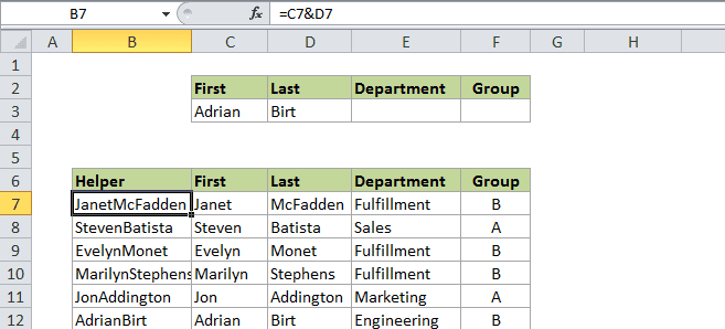Criação de uma 'coluna auxiliar' (helper column) para permitir buscas com VLOOKUP usando múltiplos critérios. A coluna combina dois ou mais campos (como nome e sobrenome) em uma única string, que servirá como nova chave de pesquisa para a função VLOOKUP.