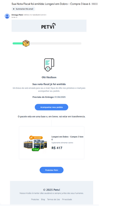 E-mail de entrega de Nota Fiscal e acompanhemento de pedido