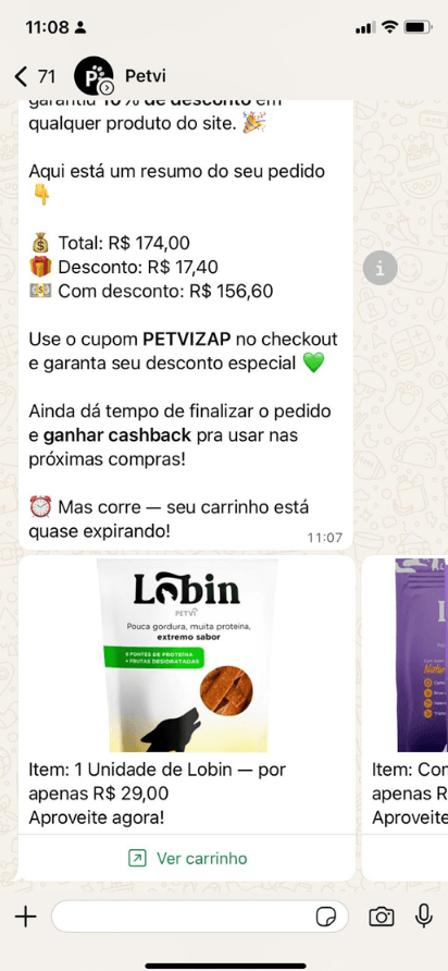 Mensagem de carrinho abandonado com carrossel