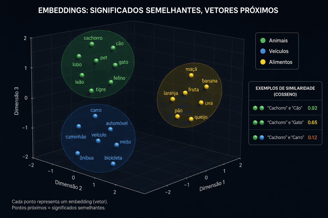Gráfico tridimensional ilustrando embeddings semânticos organizados em três clusters: animais (verde), veículos (azul) e alimentos (amarelo). Cada ponto representa uma palavra em um espaço vetorial, onde palavras com significados semelhantes ficam próximas entre si e palavras de categorias diferentes aparecem mais distantes. À direita, uma tabela mostra exemplos de similaridade por cosseno: “Cachorro” e “Cão” (0,92), “Cachorro” e “Gato” (0,65) e “Cachorro” e “Carro” (0,12), demonstrando como embeddings representam relações semânticas em sistemas de Retrieval-Augmented Generation (RAG). Representação tridimensional de embeddings semânticos em um espaço vetorial, mostrando como palavras de categorias semelhantes (animais, veículos e alimentos) formam clusters próximos, enquanto conceitos semanticamente diferentes permanecem mais distantes. A tabela de similaridade por cosseno exemplifica essa relação entre os vetores.