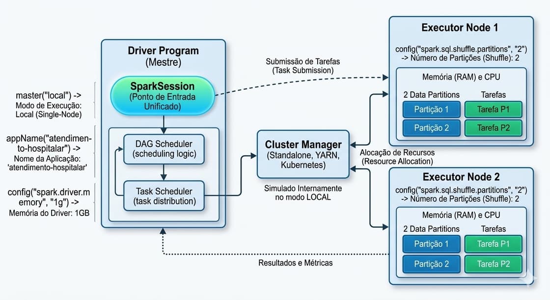 Um diagrama da arquitetura do Spark mostrando o Driver, o Cluster Manager e os Executors. Alocação de Parâmetros na Arquitetura