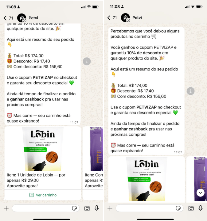 Mensagem de carrinho abandonado com carrossel