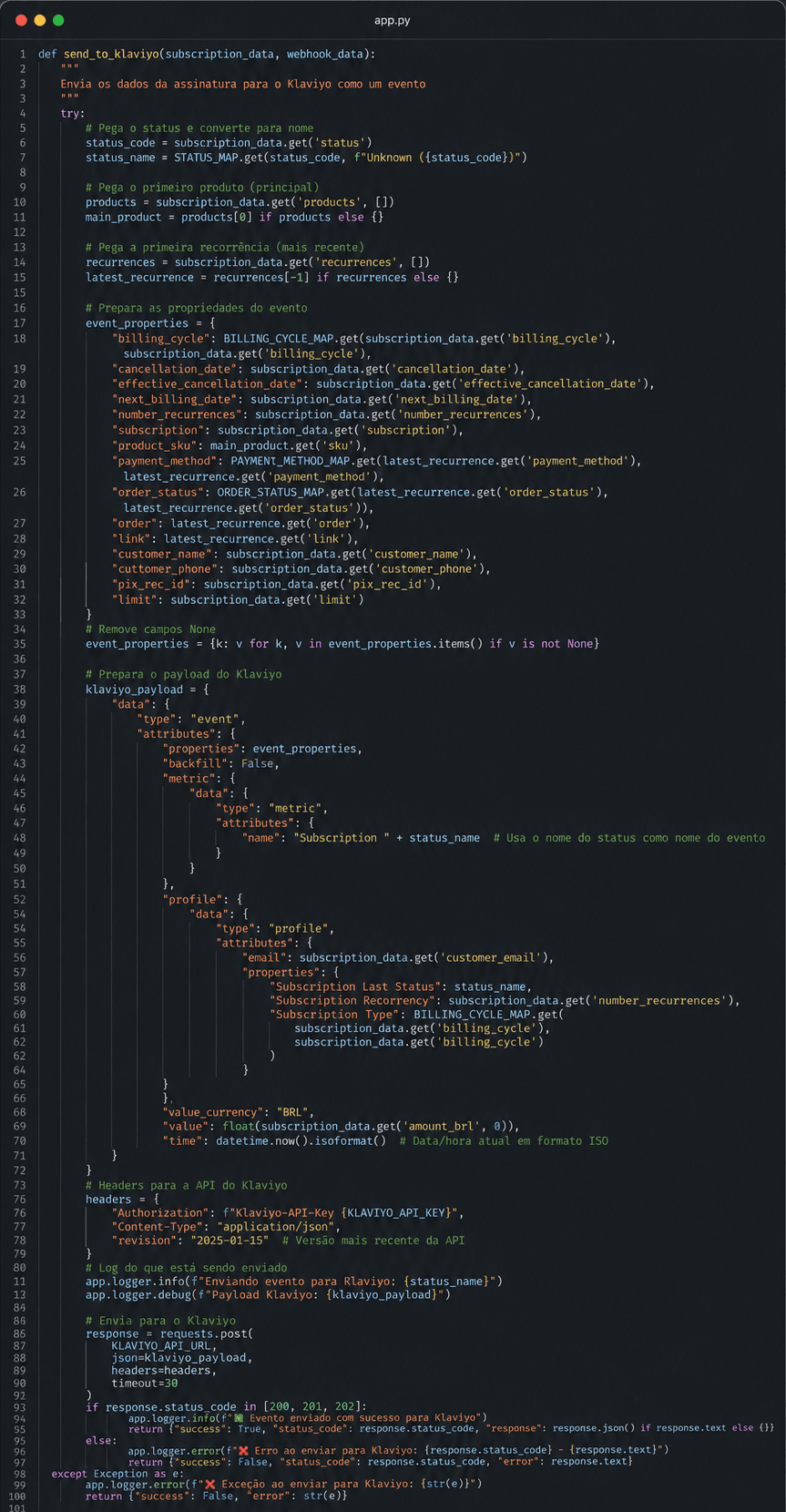 Função send_to_klaviyo da API