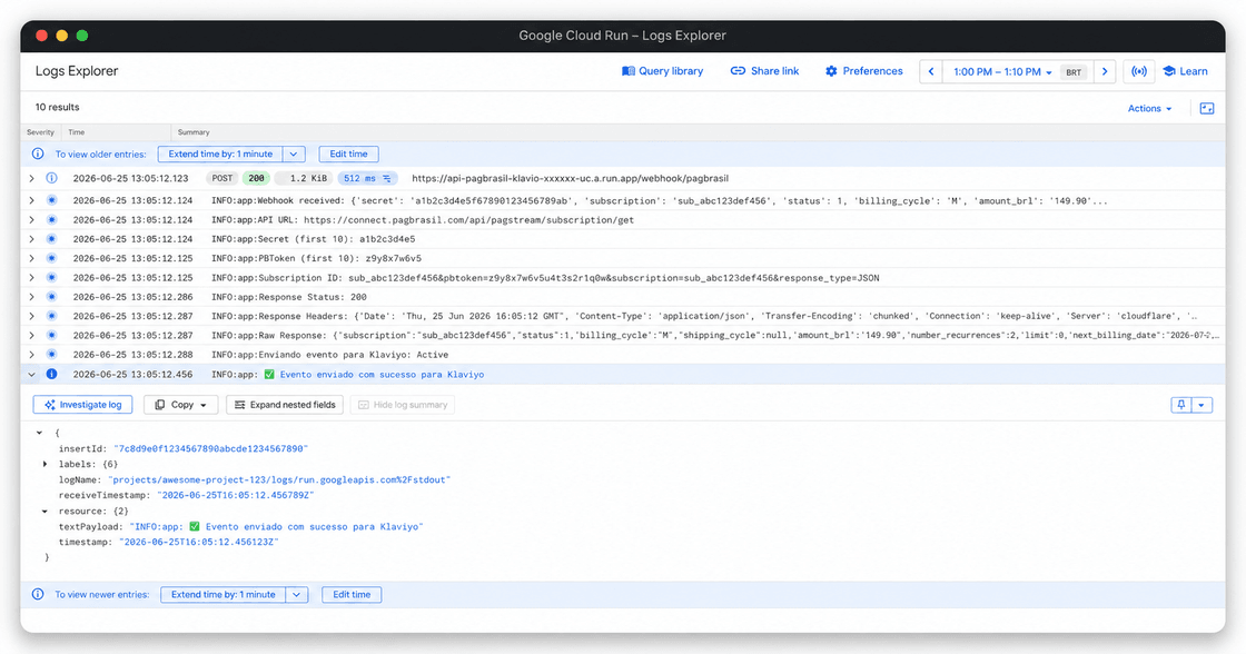 Resultado de exemplo de um log no Google Cloud